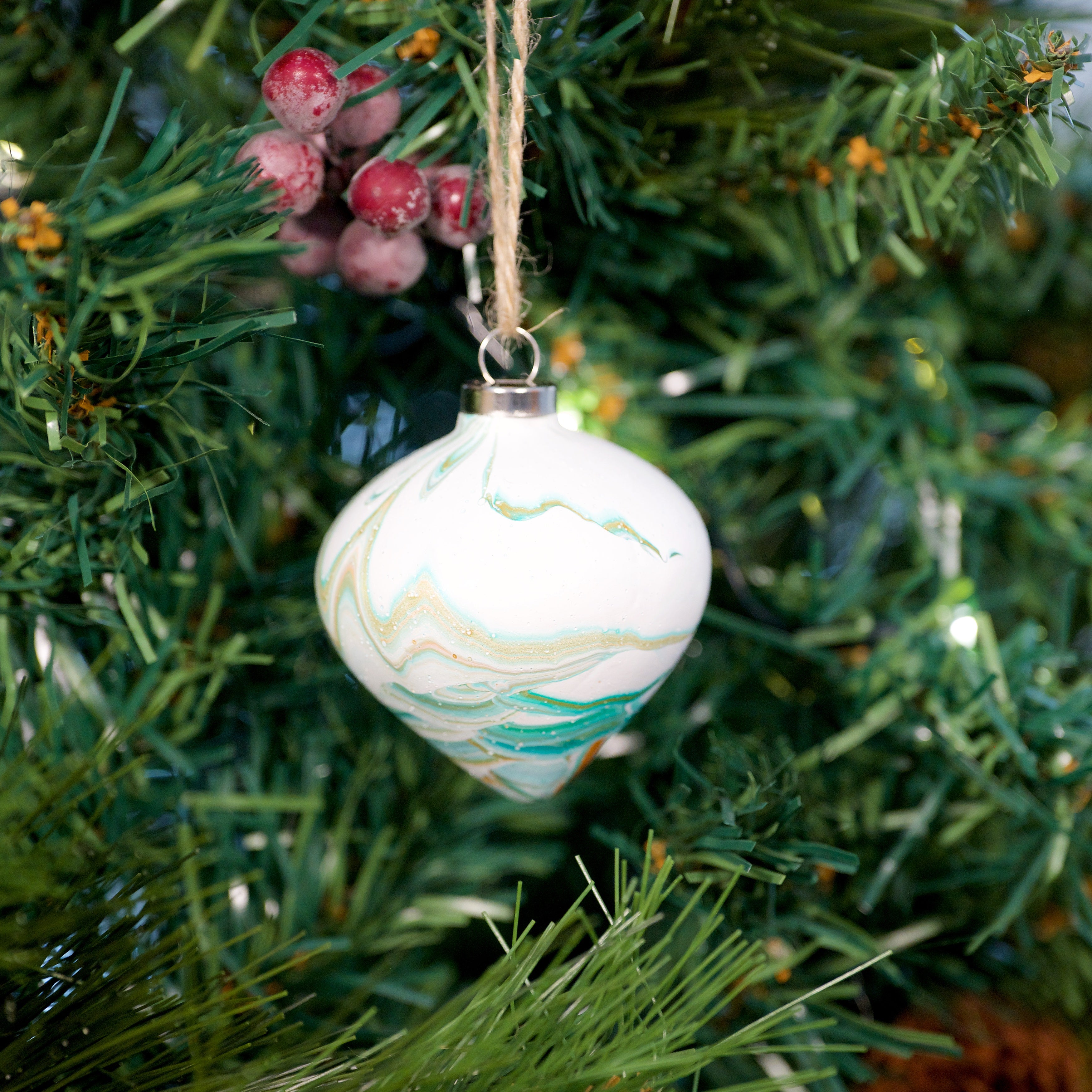 Designed by Refugees 'Happiness' White & Green Hand Painted Ceramic Bauble - Diamond Shape