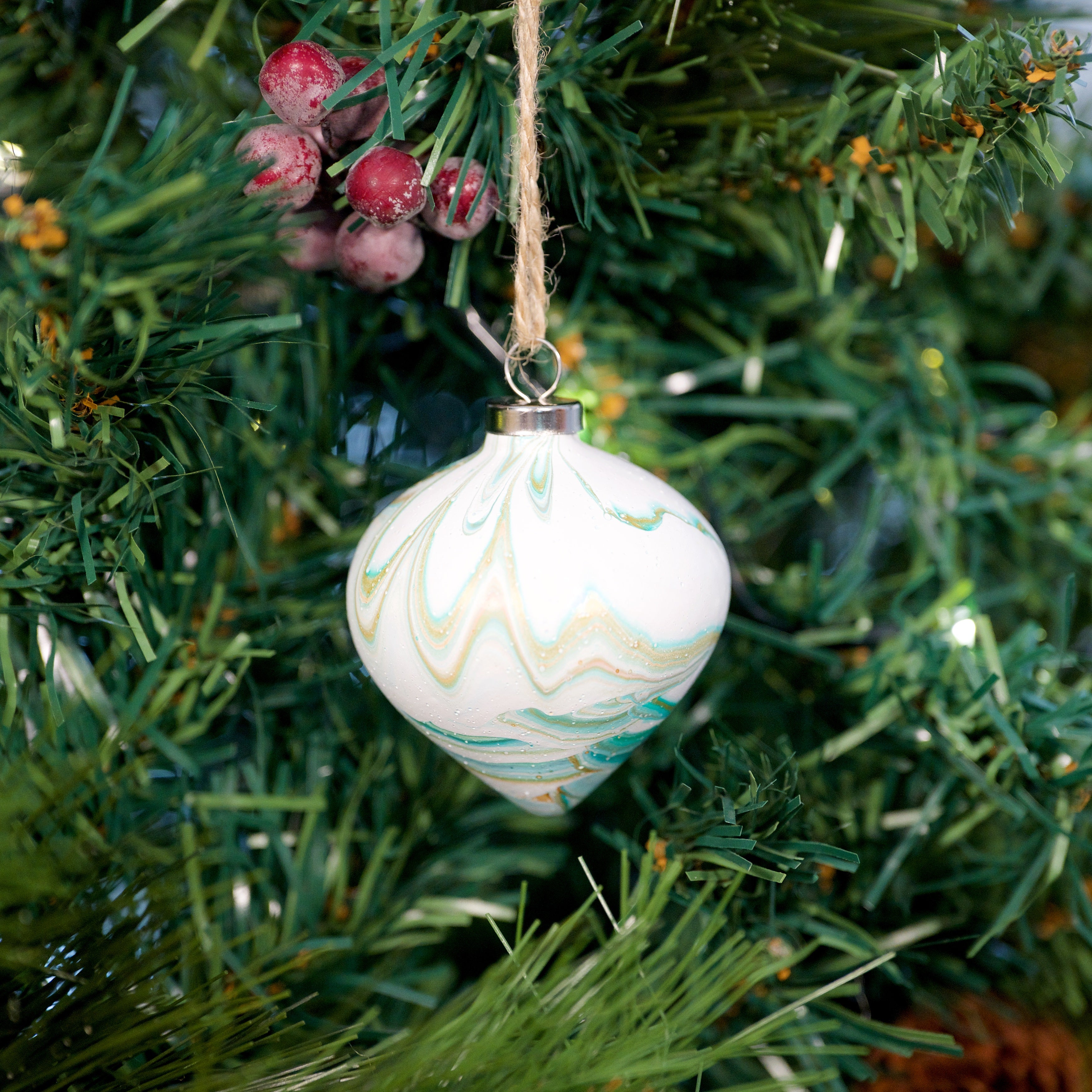 Designed by Refugees 'Happiness' White & Green Hand Painted Ceramic Bauble - Diamond Shape