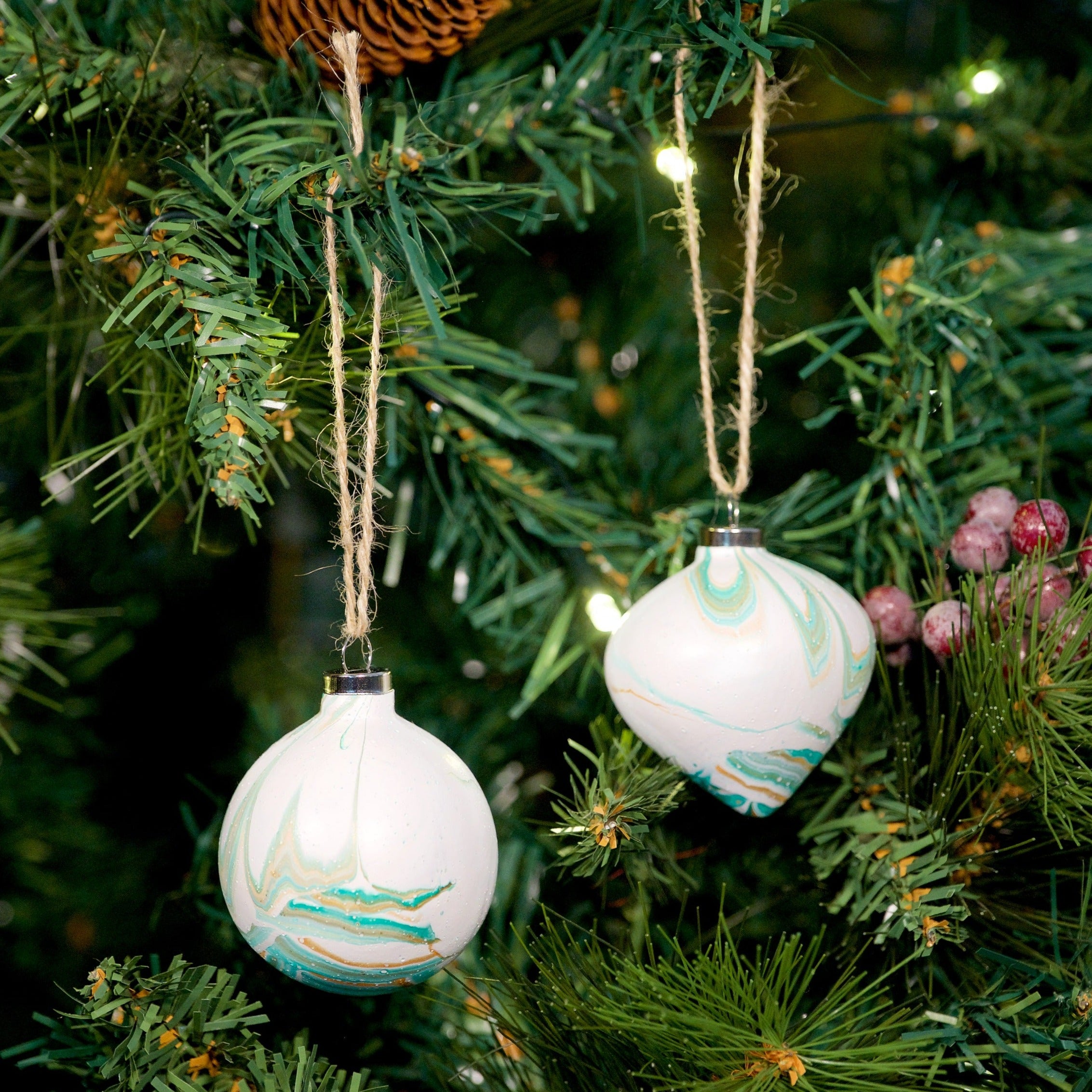 Designed by Refugees 'Happiness' White & Green Hand Painted Ceramic Bauble - Diamond Shape