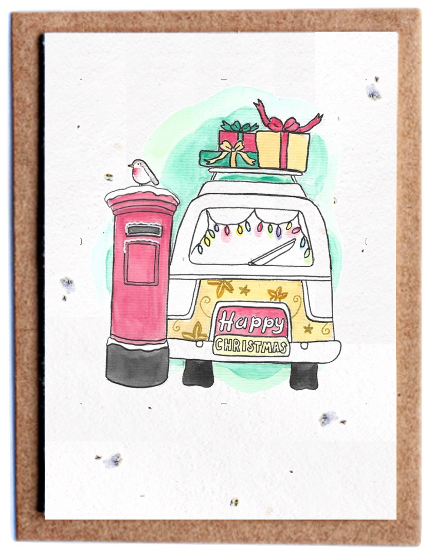 Christmas Postbox Camper Recycled Seaweed Christmas Card