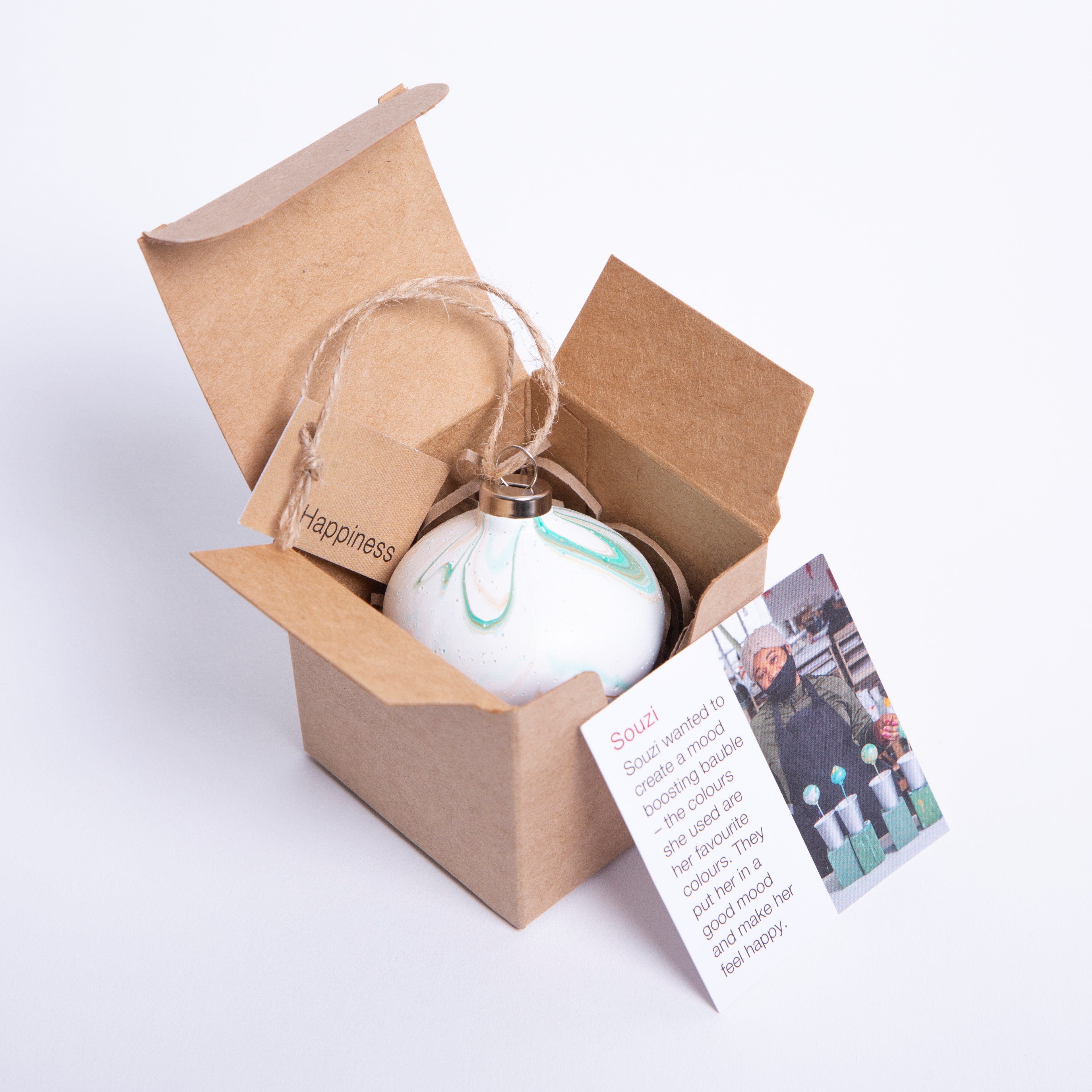 Designed by Refugees 'Happiness' White & Green Hand Painted Ceramic Bauble - Diamond Shape