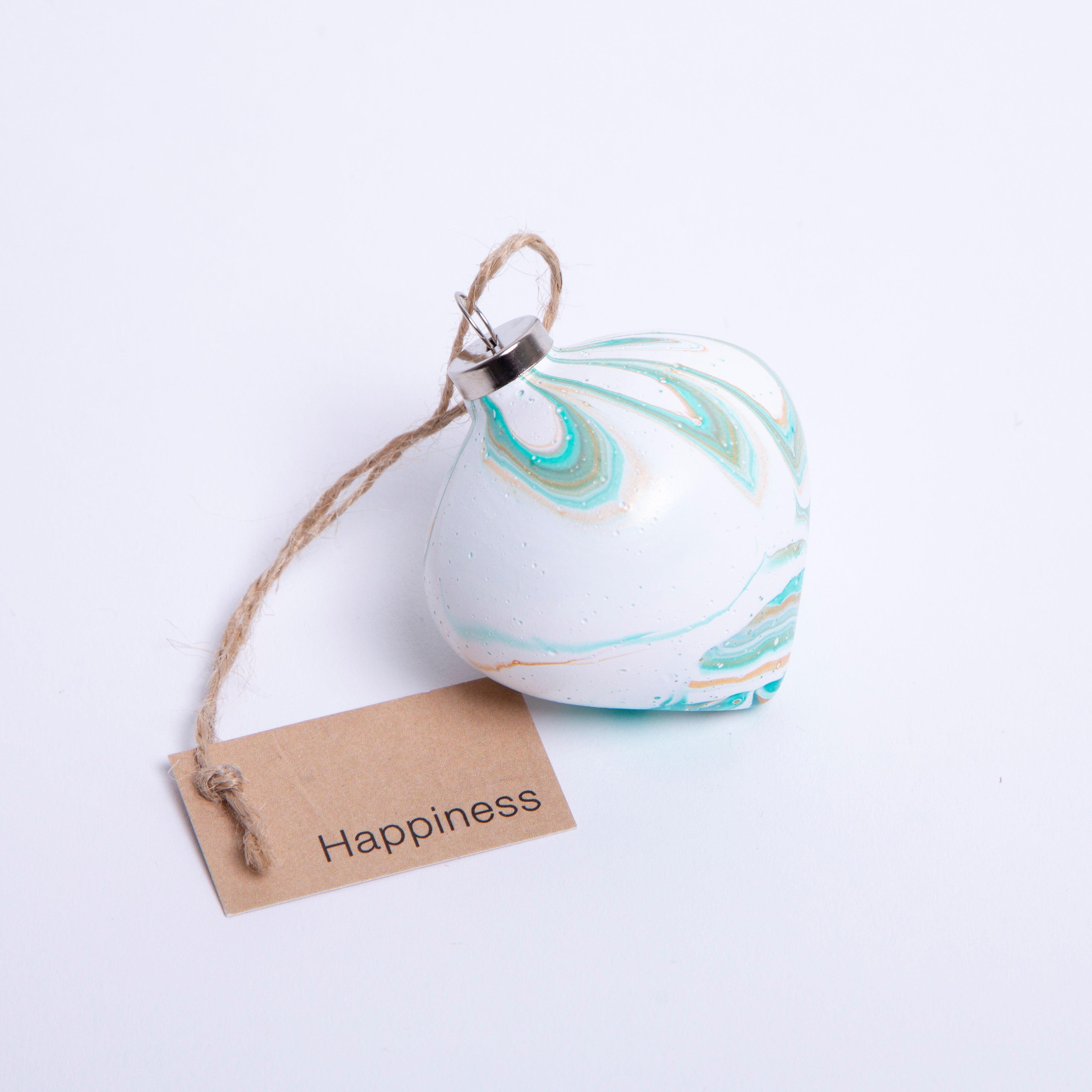 Designed by Refugees 'Happiness' White & Green Hand Painted Ceramic Bauble - Diamond Shape