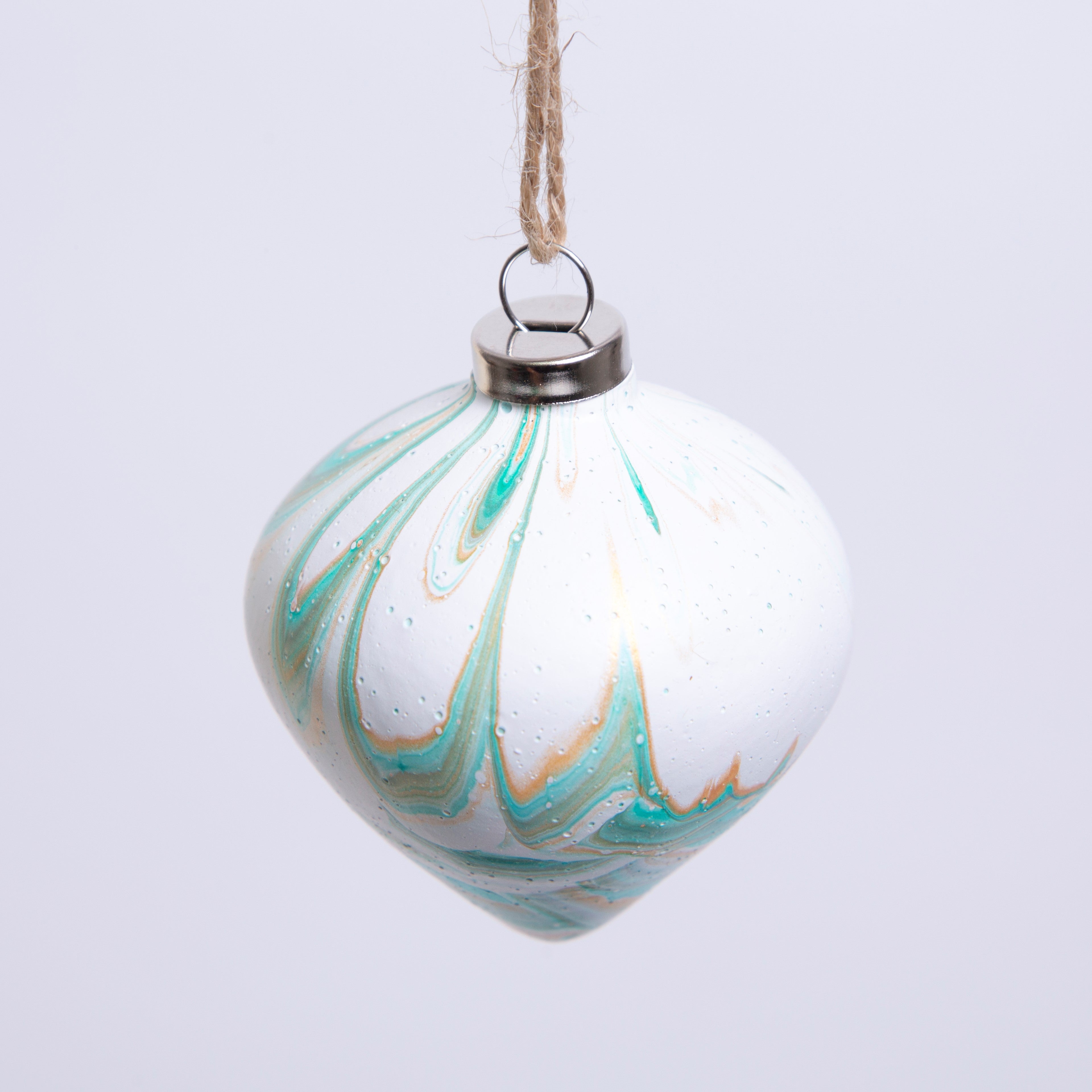 Designed by Refugees 'Happiness' White & Green Hand Painted Ceramic Bauble - Diamond Shape