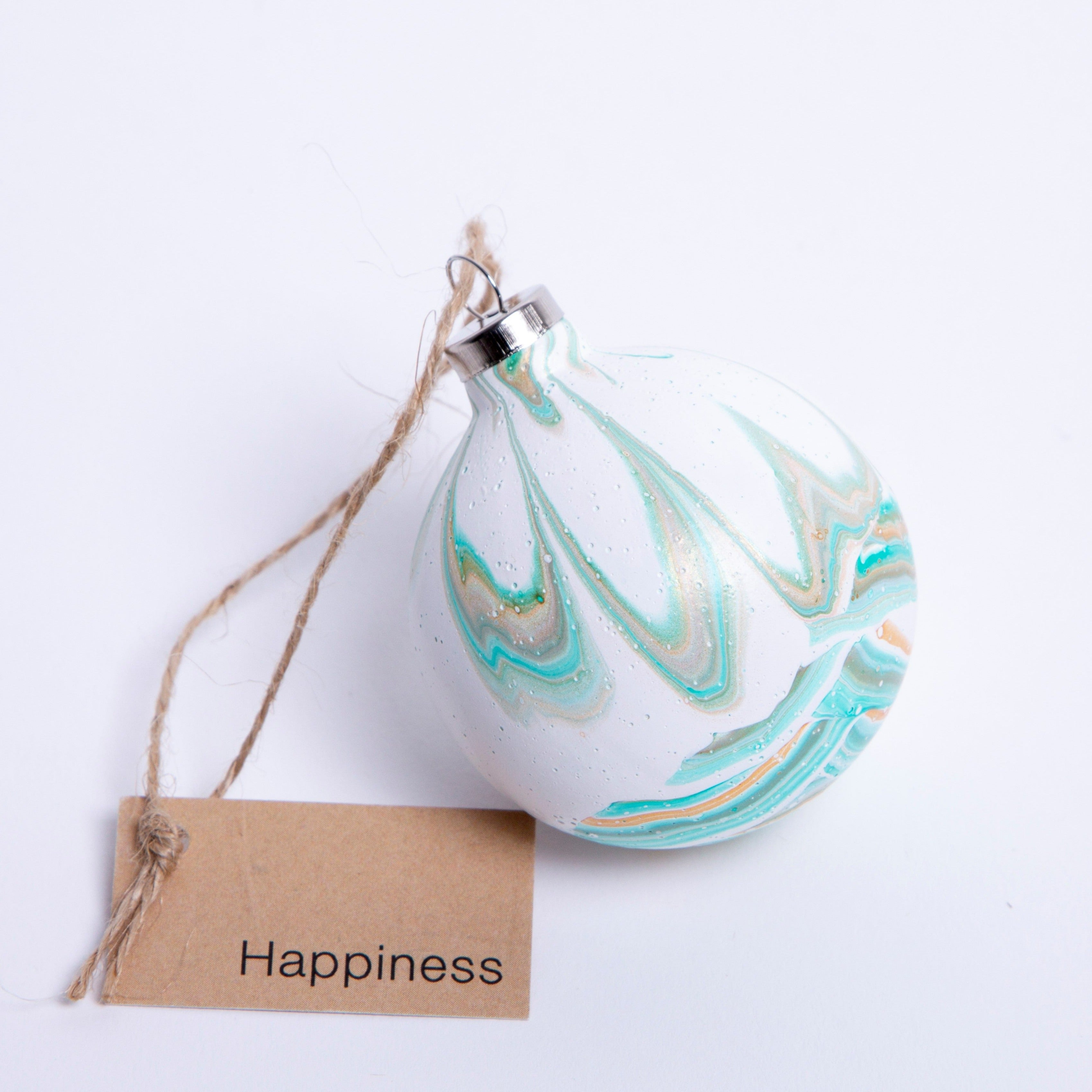 'Happiness' White & Green Hand Painted Ceramic Bauble - Round Shape