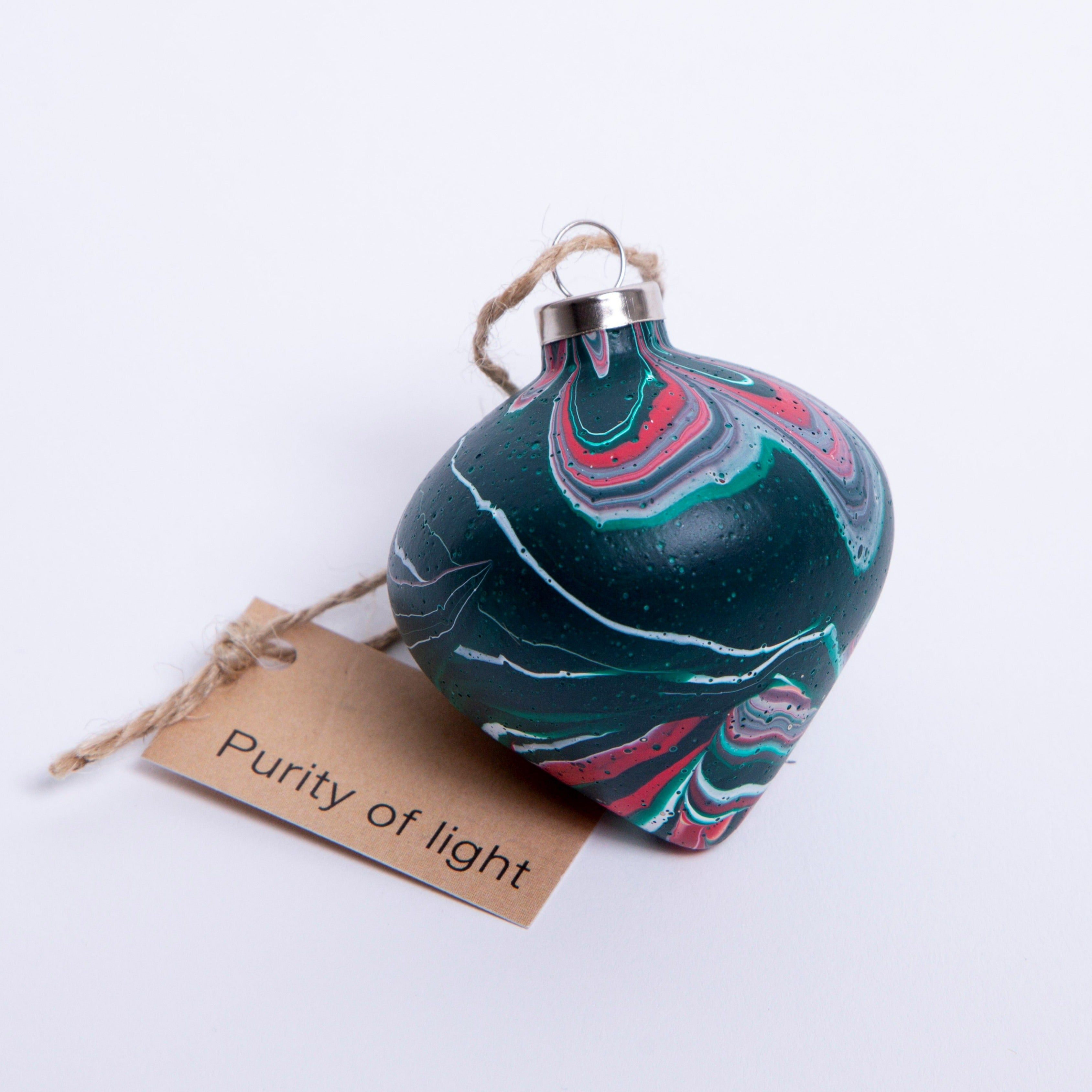 'Purity of Light' Green & Red Hand Painted Ceramic Bauble - Diamond Shape