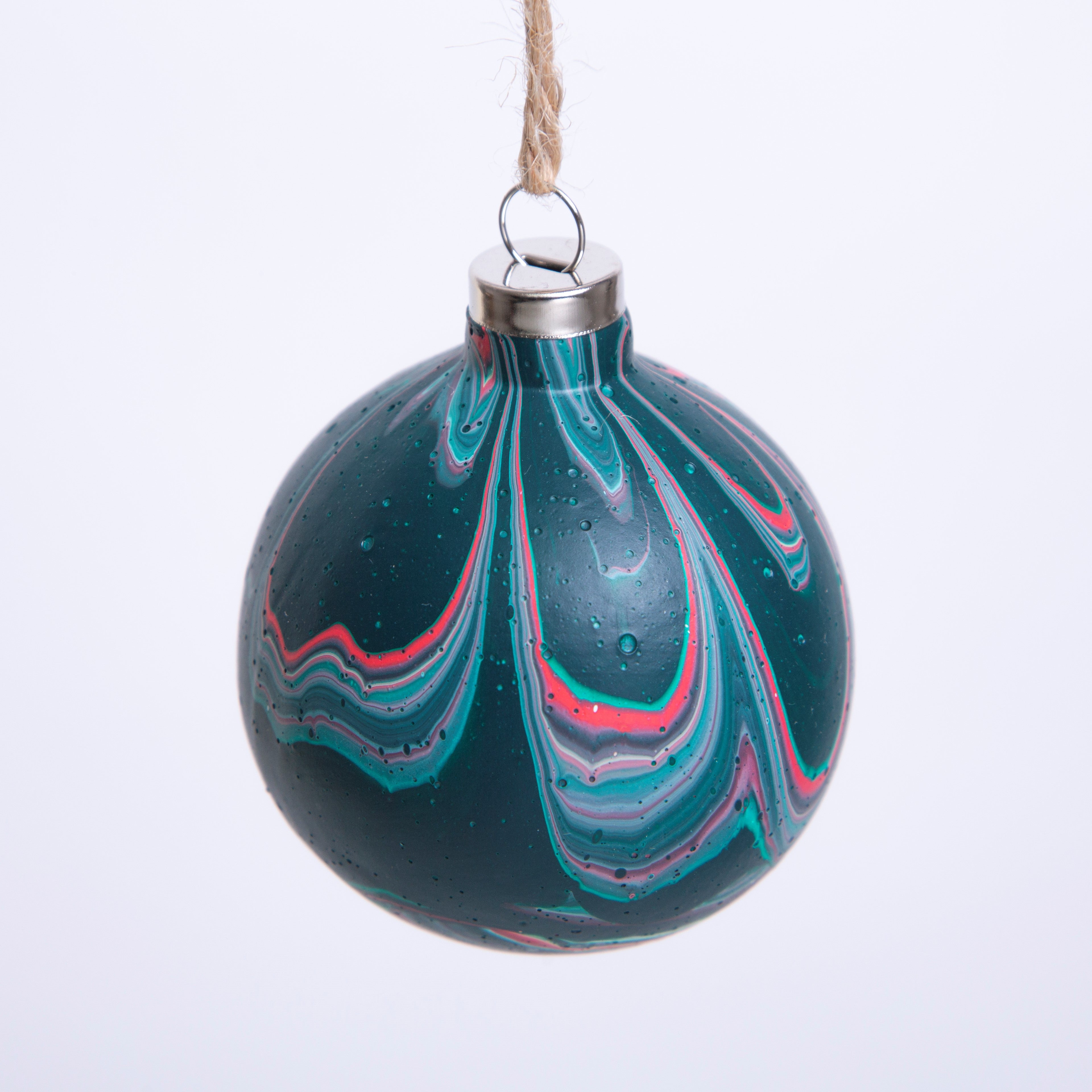 'Purity of Light' Green & Red Hand Painted Ceramic Bauble - Round Shape